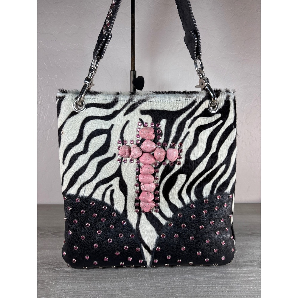 KurtMen Design Zebra Calf Hair Pink Stone Cross Leather Shoulder Bag Western